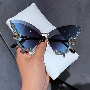 🦋✨ Rhinestone Diamond Butterfly Rimless Y2K Shades Sunglasses NEW